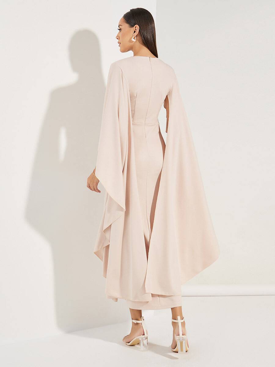 Rachel - Hot Pink Midi Dress with V-Neck and Chiffon Sleeves