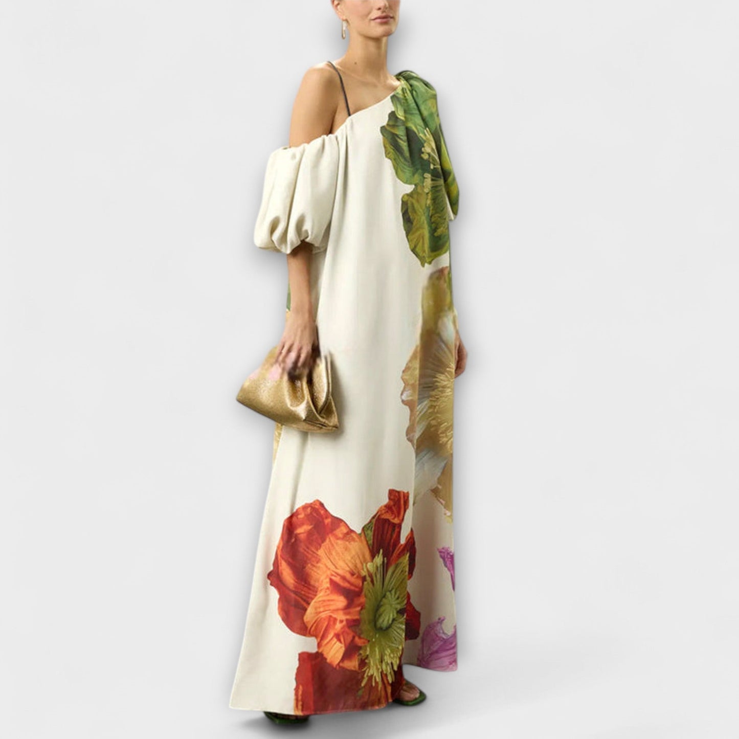 Skylar - Floral Print Maxi Dress with Asymmetrical Neckline and Puff Sleeves