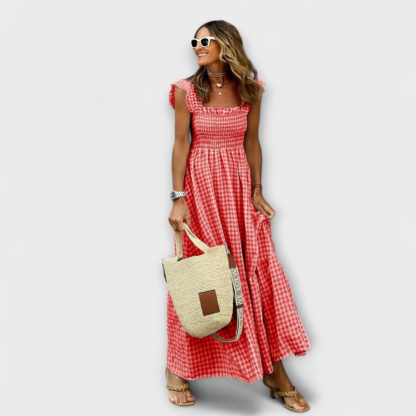 Plaid Maxi Dress with Ruffled Sleeves