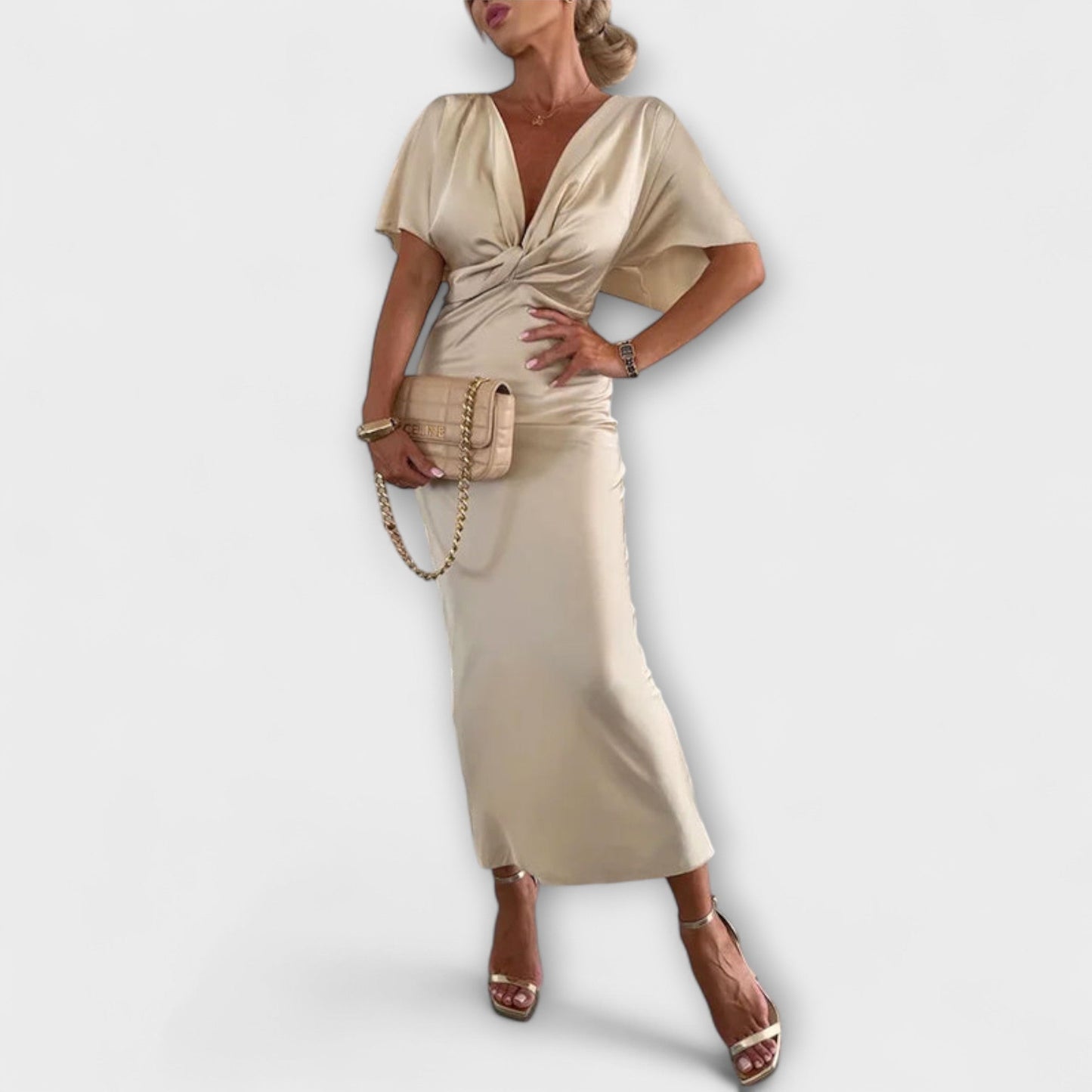 Sable - Solid Satin V-Neck Cross-Knot Slim Fit Maxi Dress