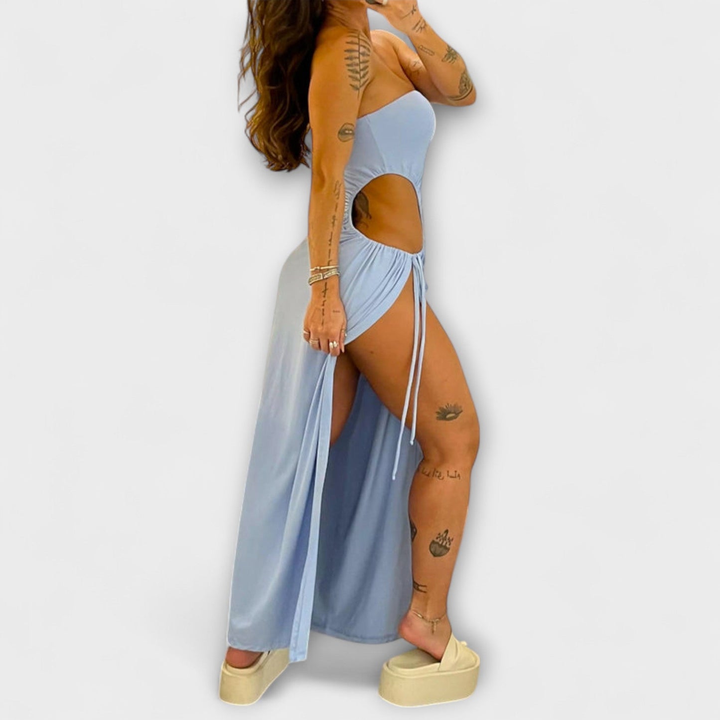 Winona - Bandeau Tie Bodysuit Dress with Side Slits