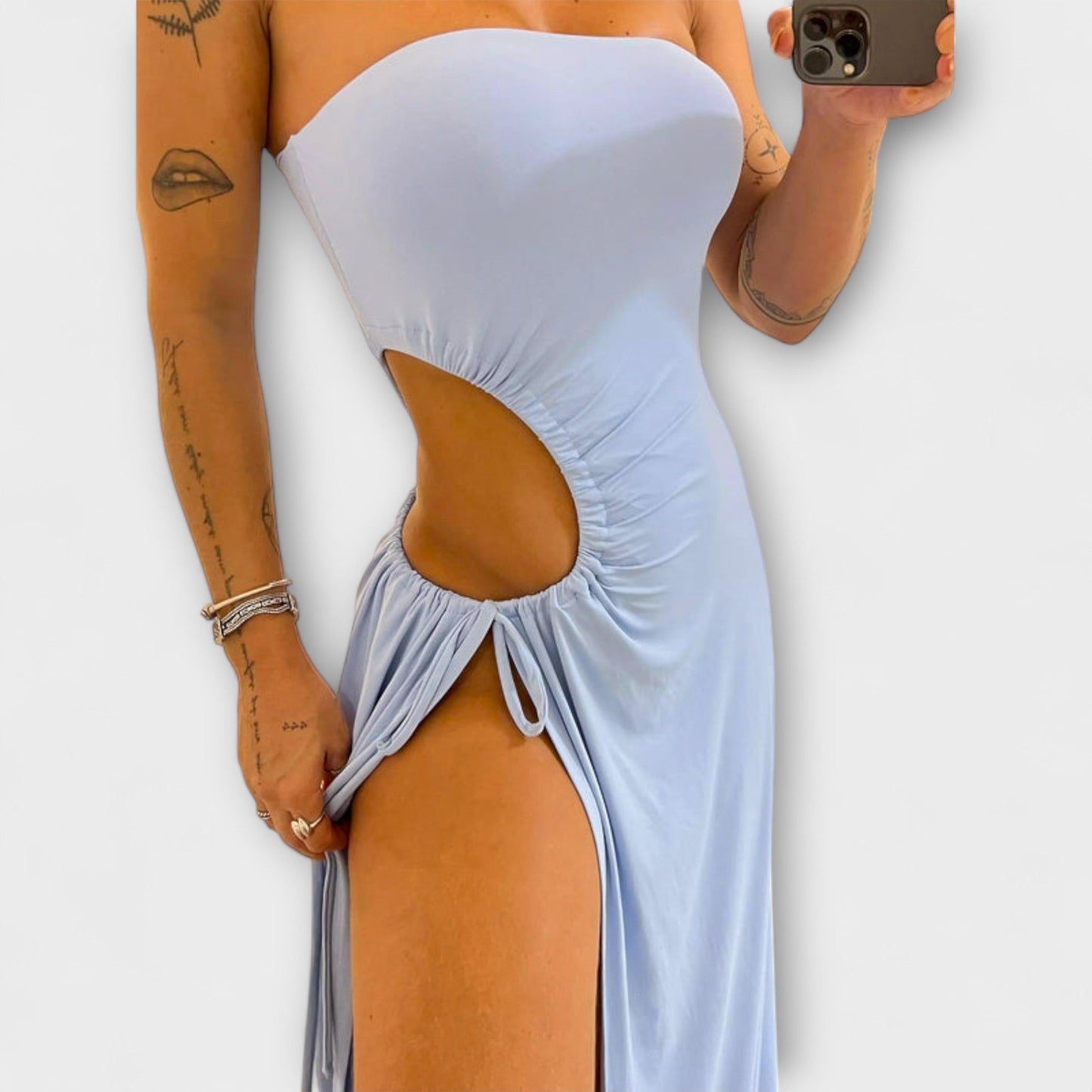 Winona - Bandeau Tie Bodysuit Dress with Side Slits