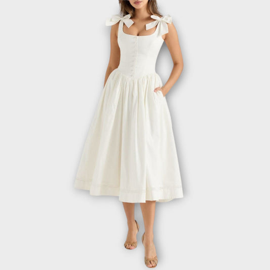 Lotta - White Midi Dress with Bow Detail