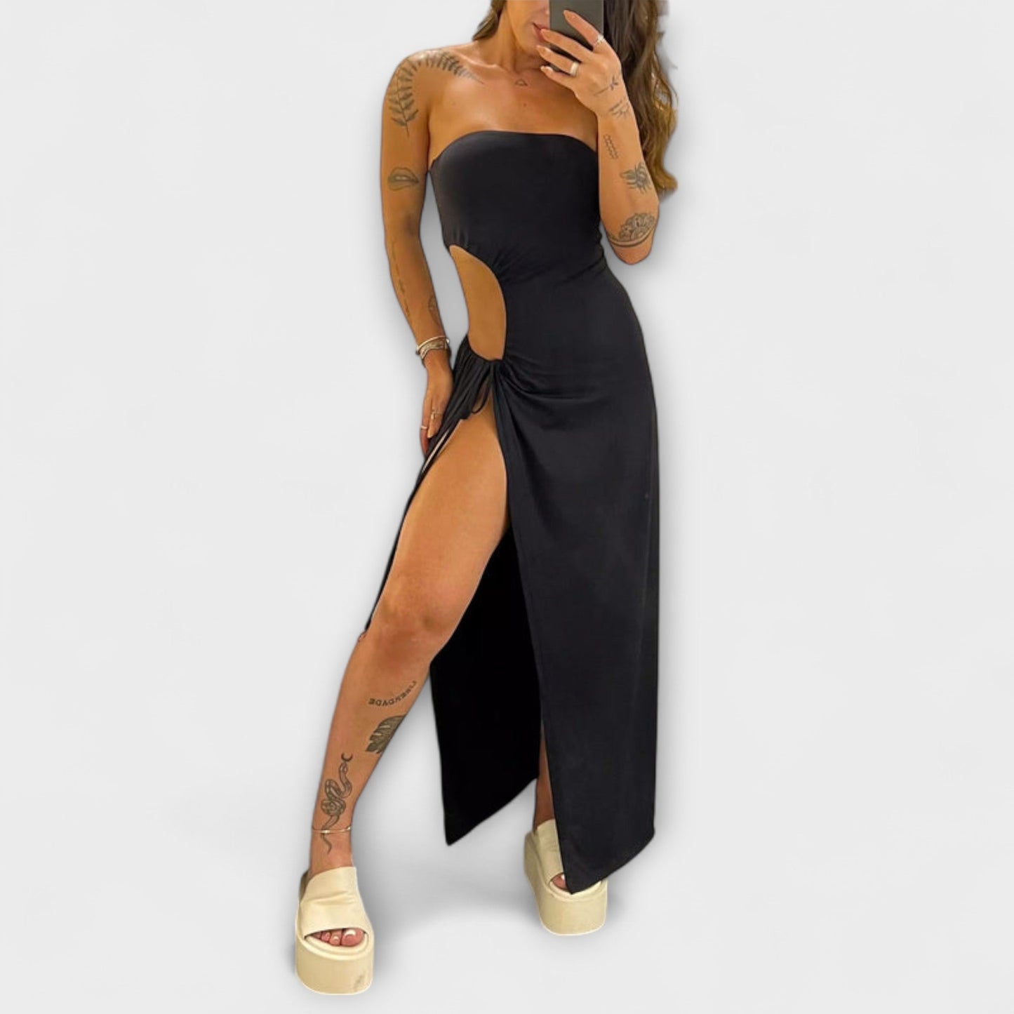 Winona - Bandeau Tie Bodysuit Dress with Side Slits