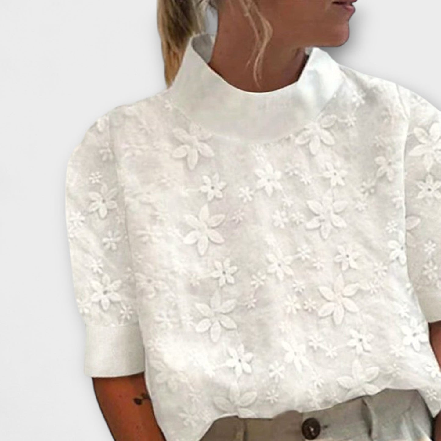 Embroidered Stand-Up Collar Blouse