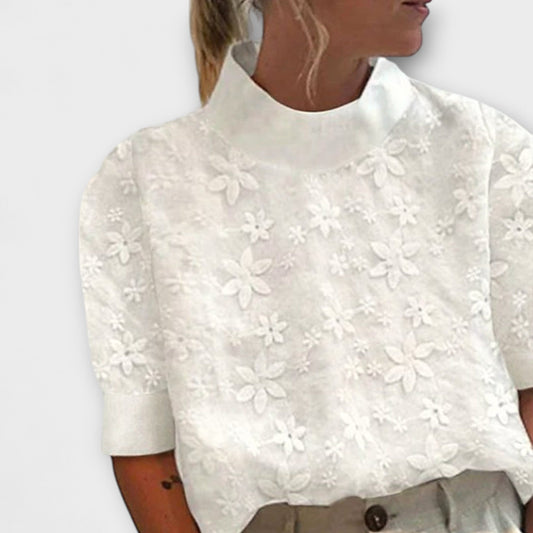 Embroidered Stand-Up Collar Blouse