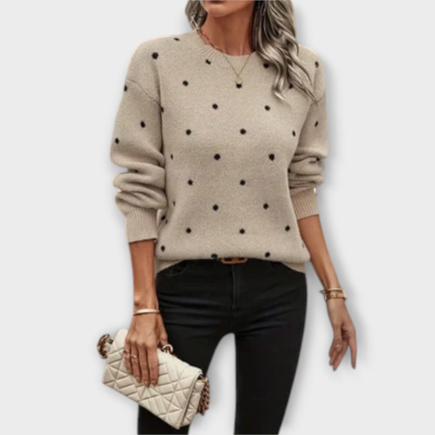 Ava – Casual Long Sleeve Knit Sweater with Polka Dot Design