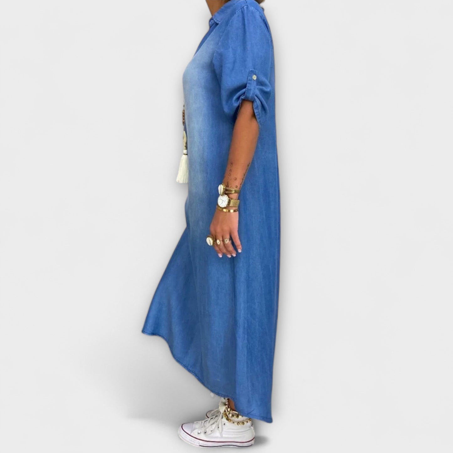 Lea - Long Denim-Style Dress with Side Slit