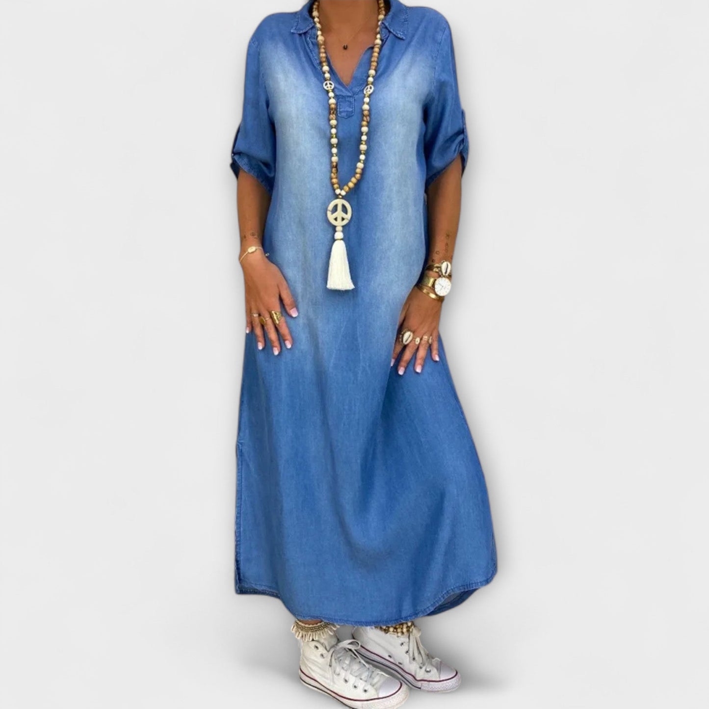 Lea - Long Denim-Style Dress with Side Slit