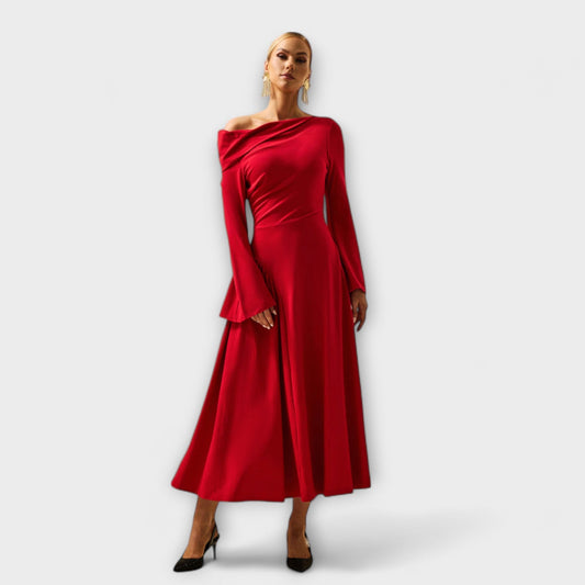 Willa - Off-the-Shoulder Midi Dress with Ruffled Balloon Sleeves