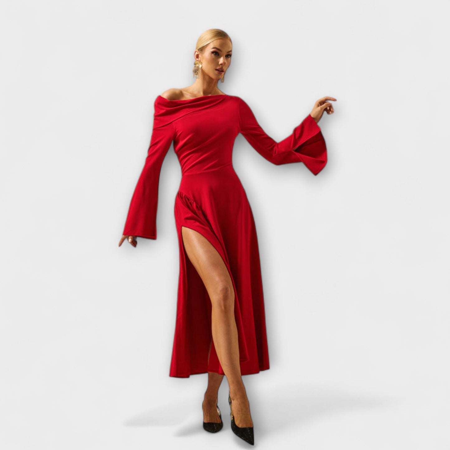 Willa - Off-the-Shoulder Midi Dress with Ruffled Balloon Sleeves