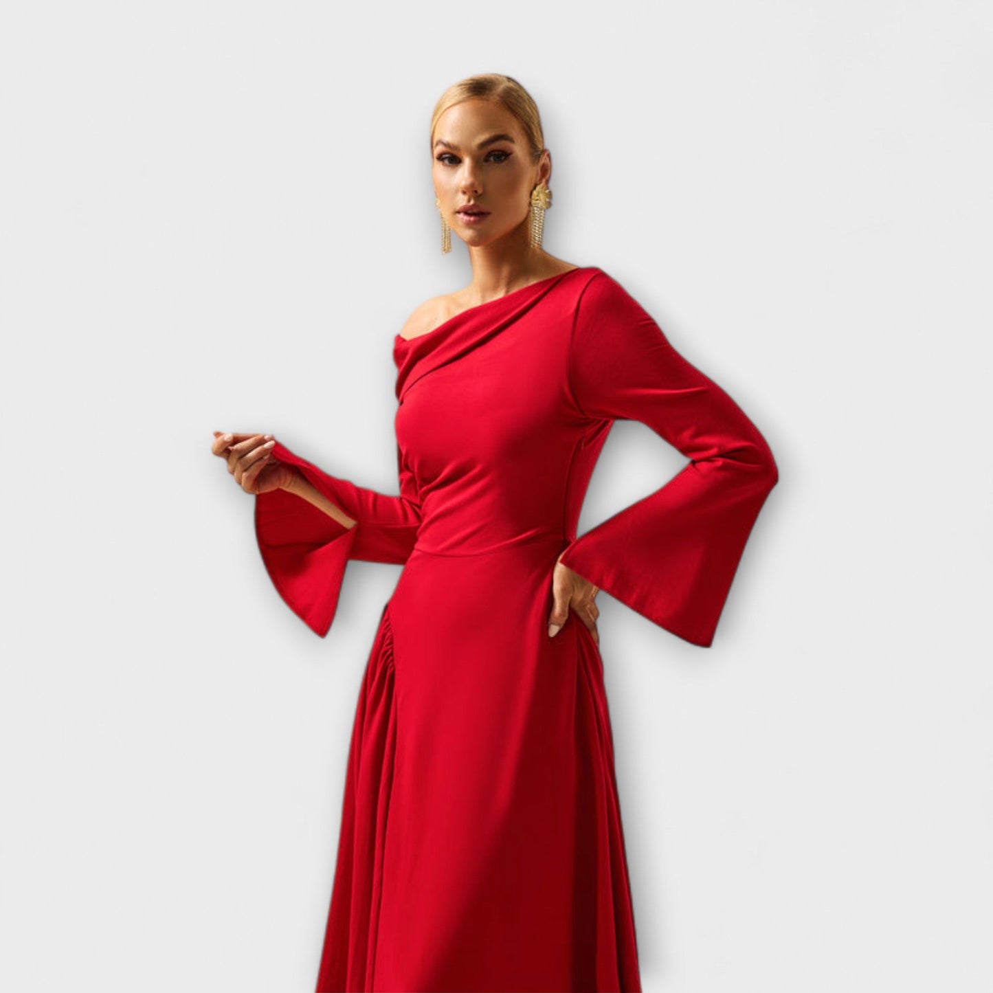 Willa - Off-the-Shoulder Midi Dress with Ruffled Balloon Sleeves