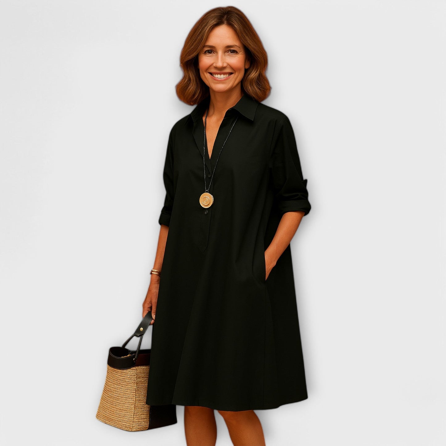 Contemporary Collared Shirt Dress with Three-Quarter Sleeves