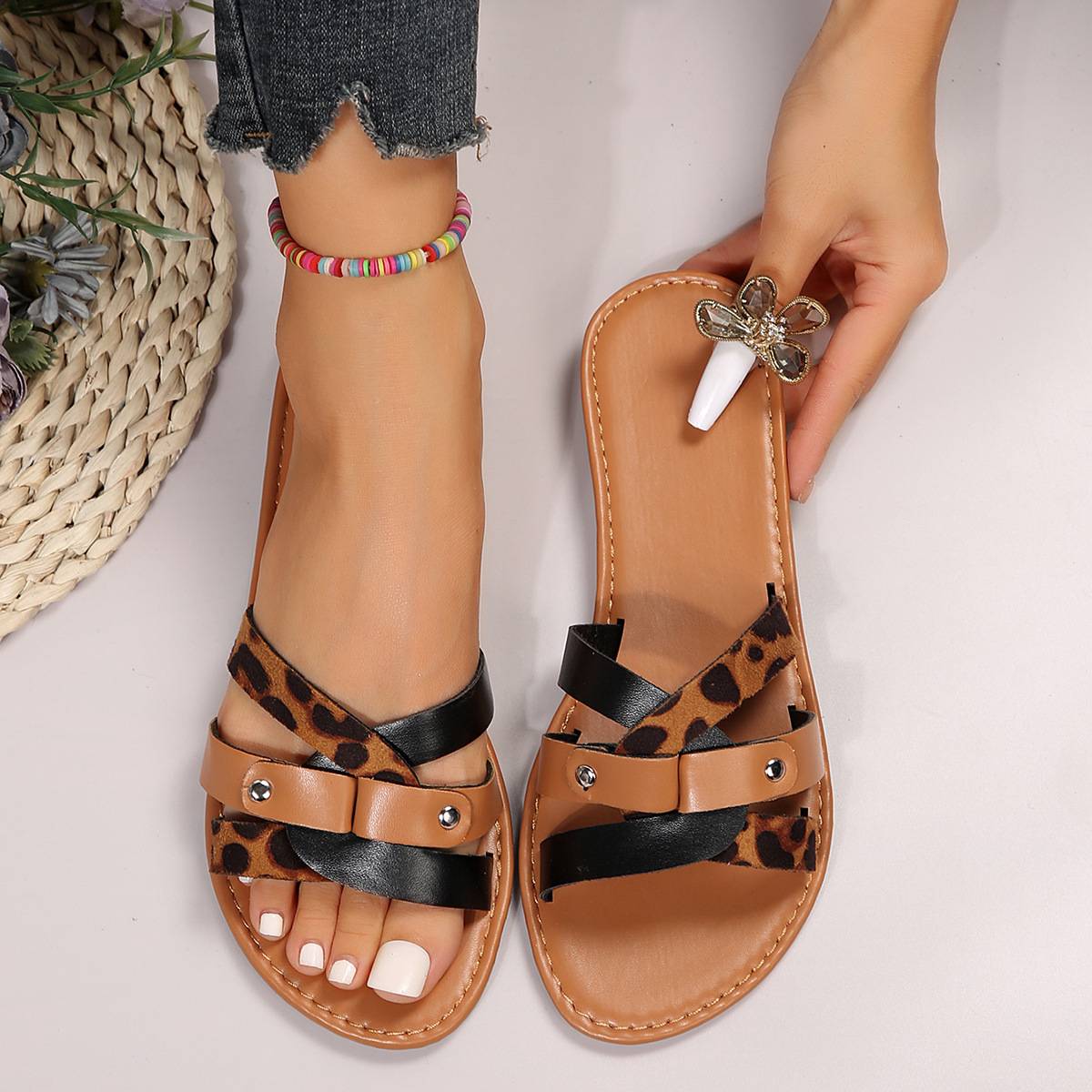 Leopard Print Cross Strap Sandals