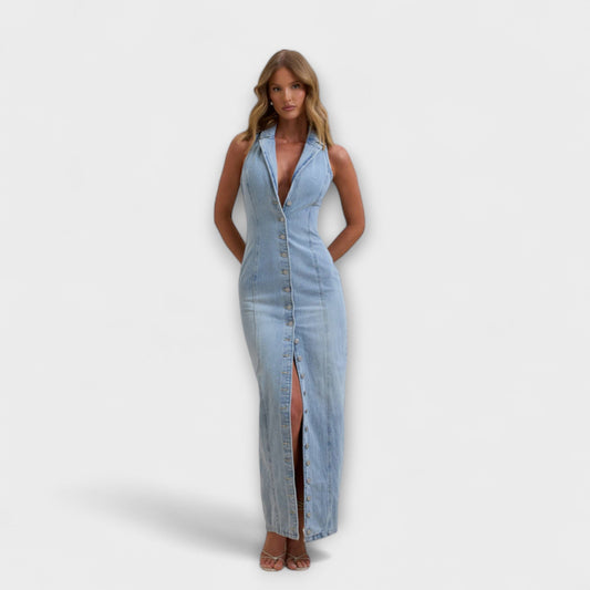 Lacey - Mid-Wash Denim Maxi Dress
