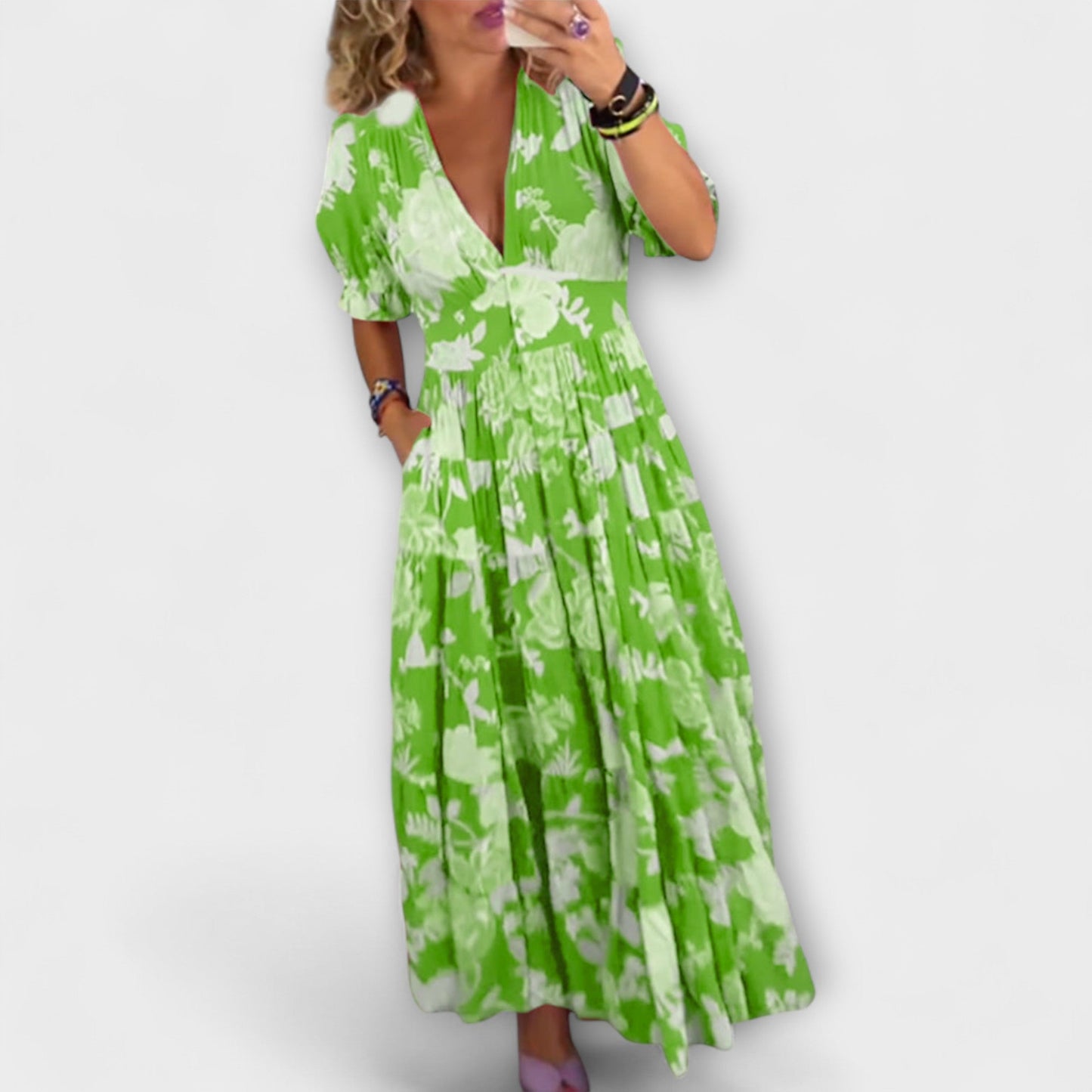 Catrisa - Floral Print V-Neck Dress with Pockets