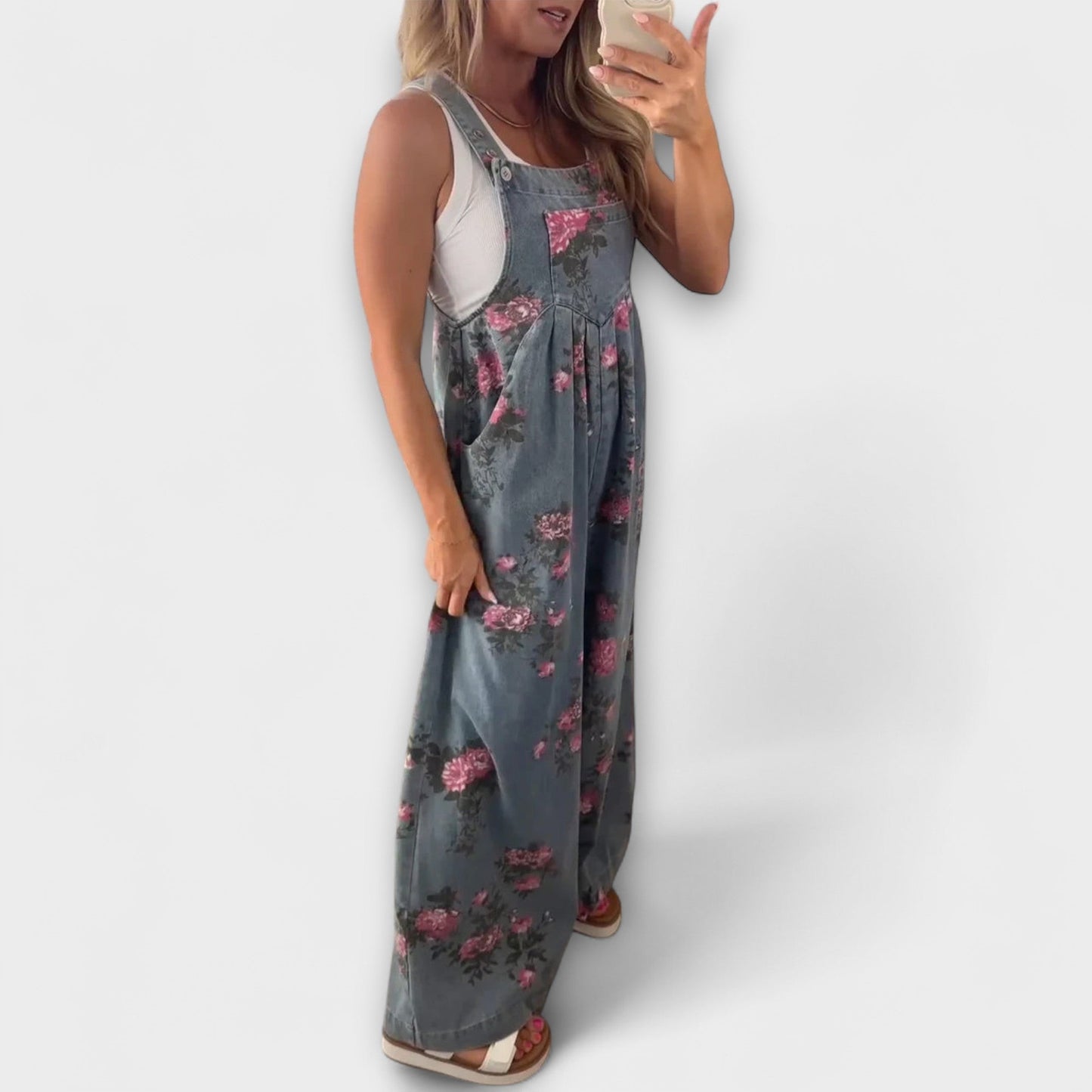 Bethany - Floral Print Wide Denim Overalls