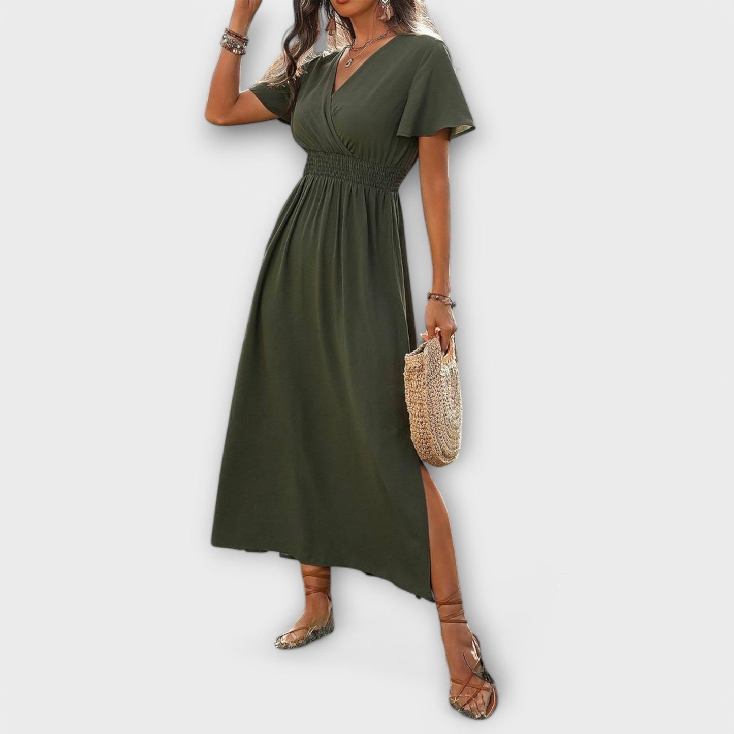 Heather - Elegant Boho V-Neck Dress with Long Sleeves
