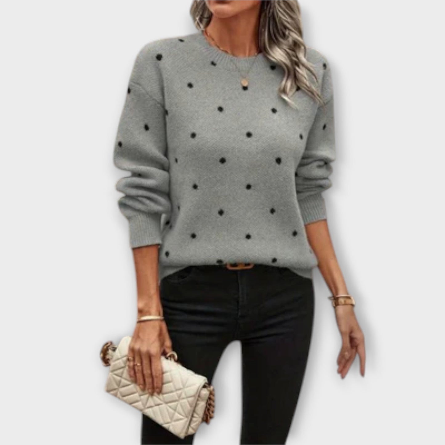 Ava – Casual Long Sleeve Knit Sweater with Polka Dot Design