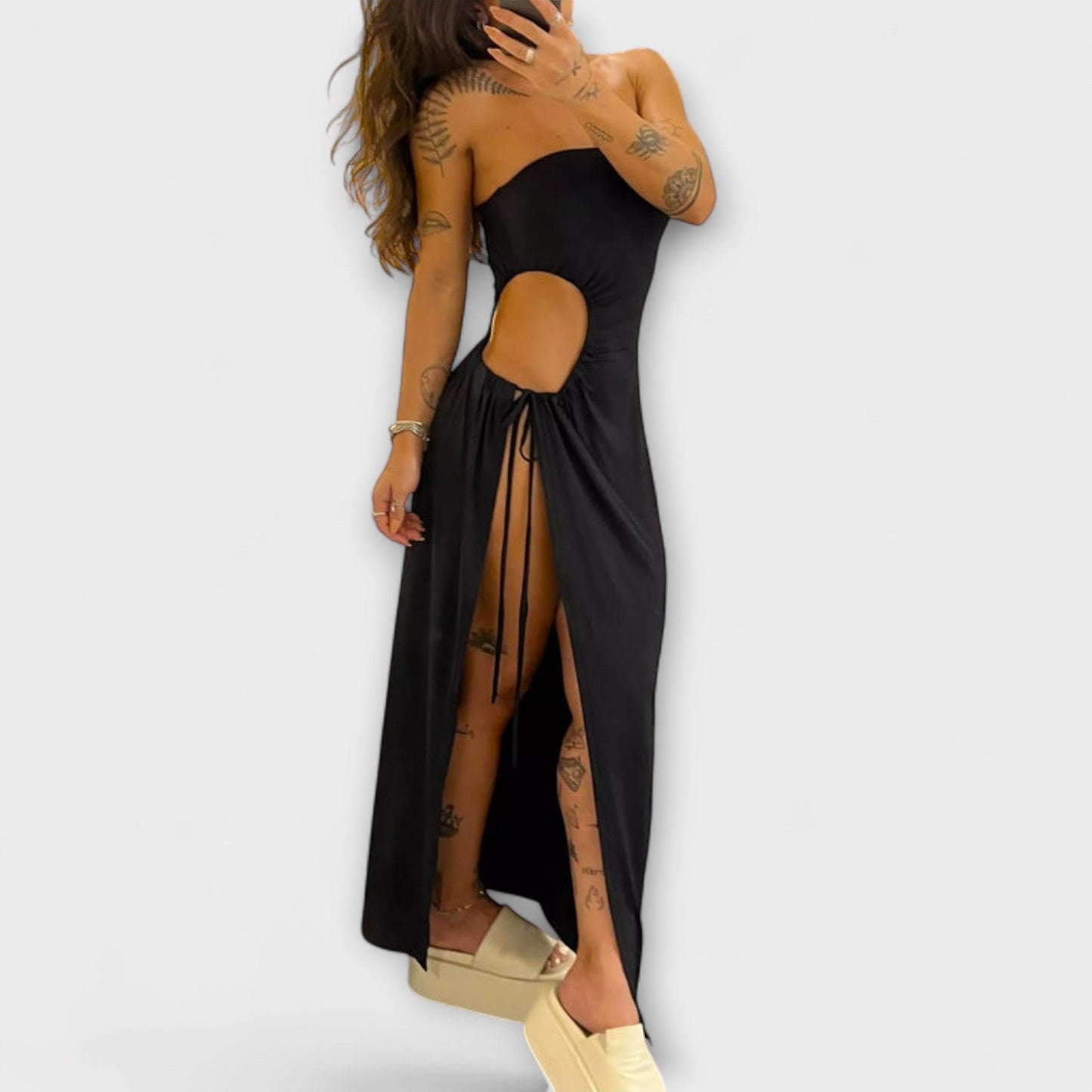 Winona - Bandeau Tie Bodysuit Dress with Side Slits