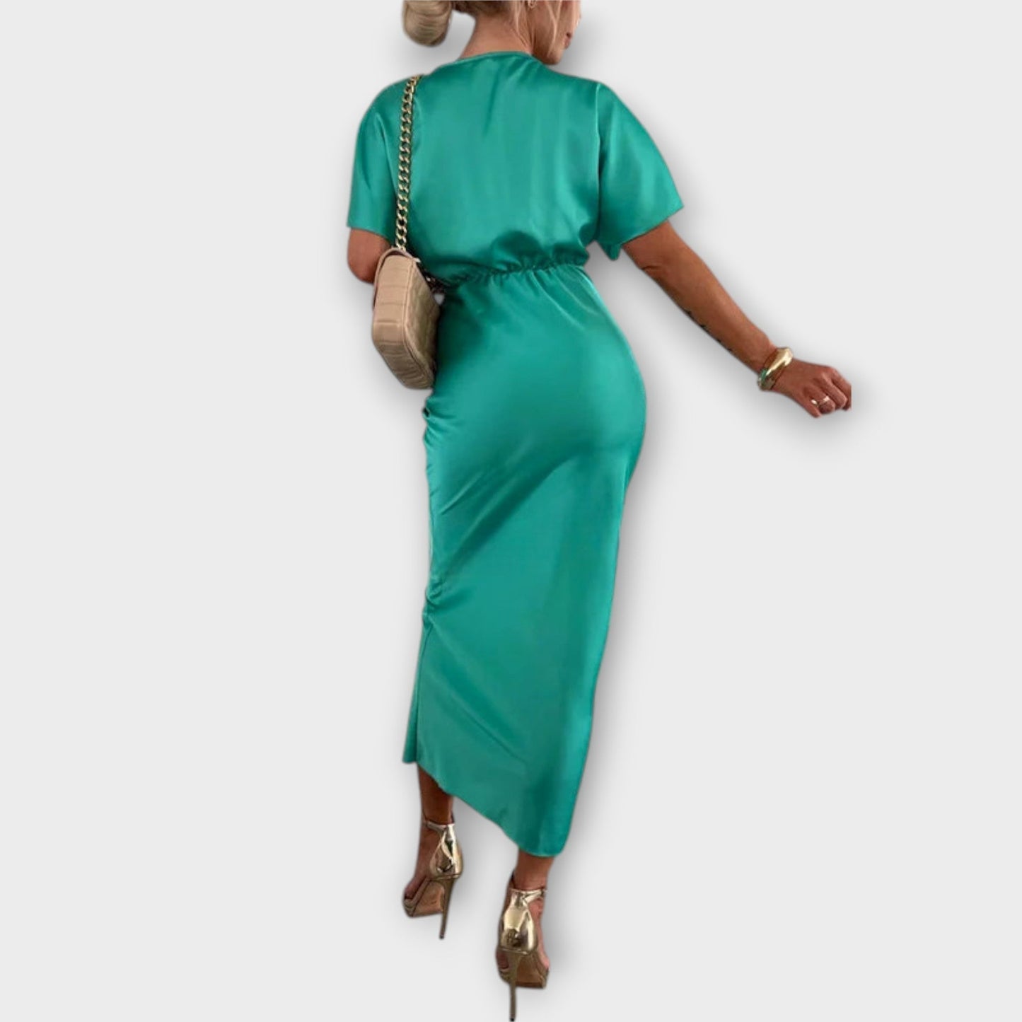 Sable - Solid Satin V-Neck Cross-Knot Slim Fit Maxi Dress