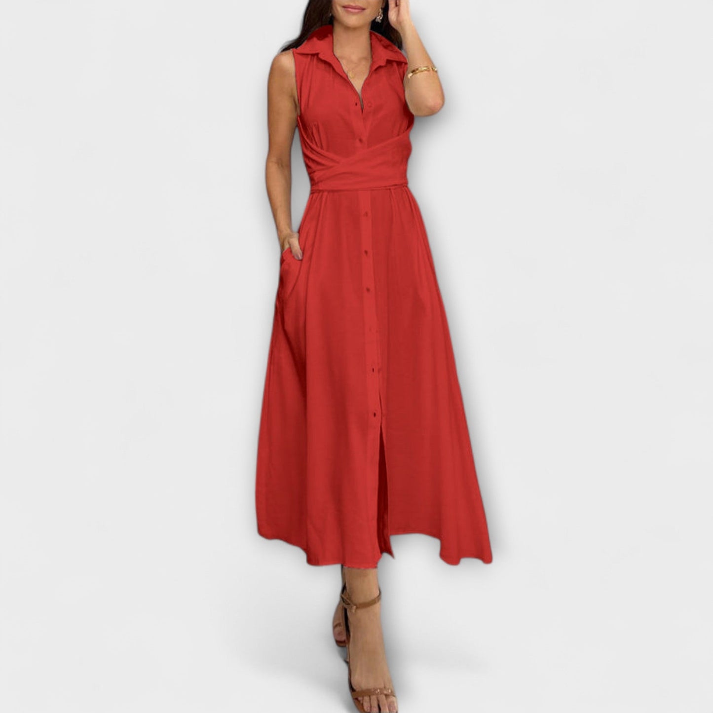 Mira - Striking Single-Breasted Midi Dress with Tie Detail