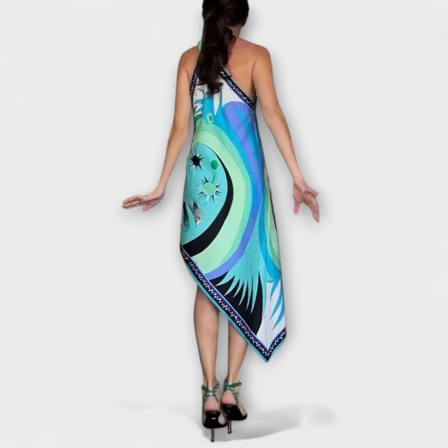 Esme - Unique Printed Satin Midi Dress with Asymmetrical Hem
