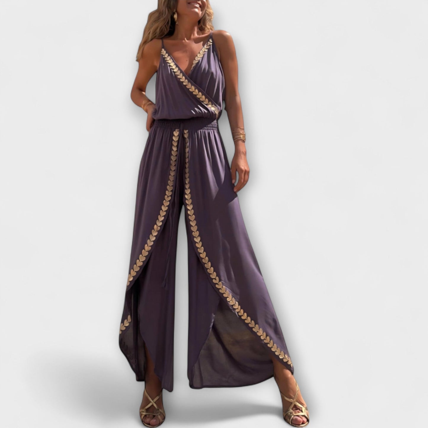 Angela - Donatila V-Neck Jumpsuit with Embroidery and Open Legs