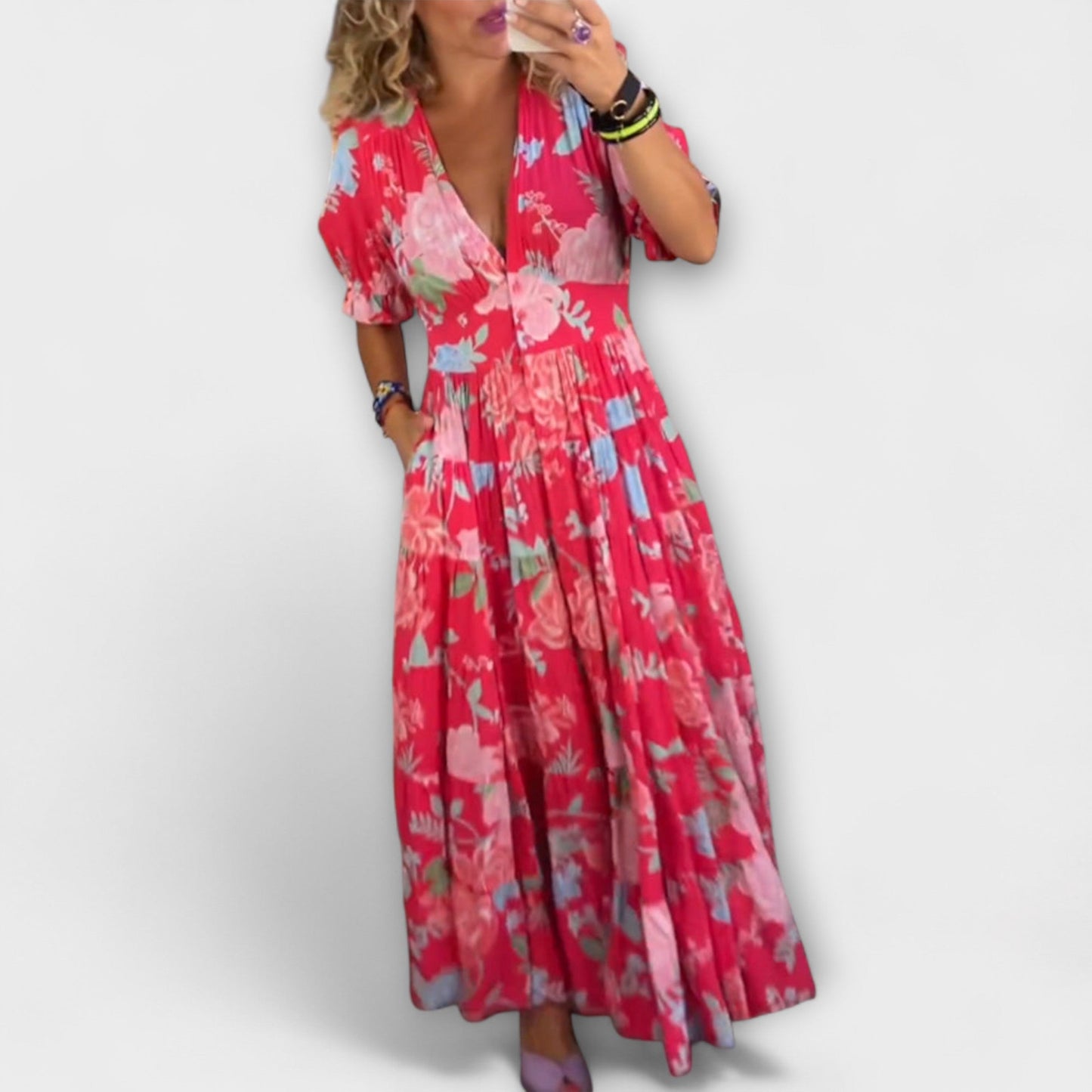 Catrisa - Floral Print V-Neck Dress with Pockets