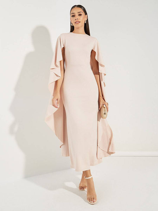 Rachel - Hot Pink Midi Dress with V-Neck and Chiffon Sleeves