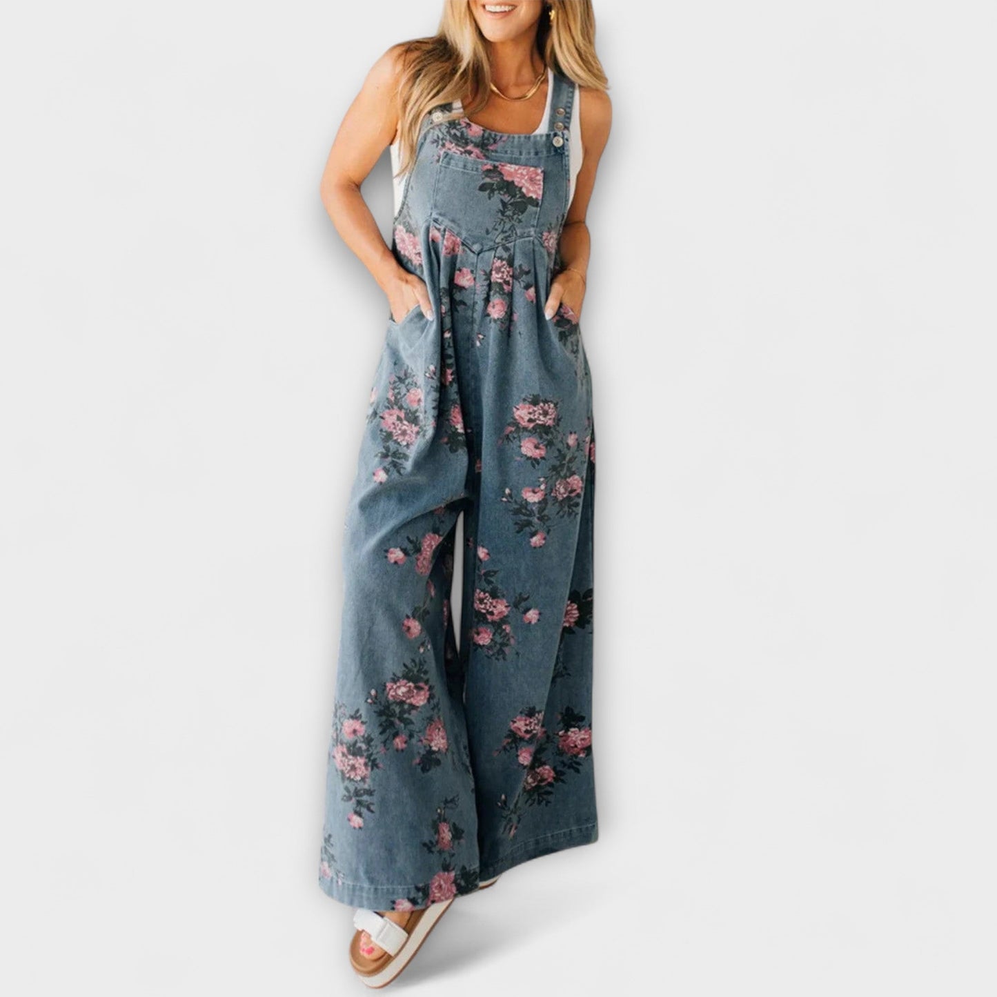 Bethany - Floral Print Wide Denim Overalls