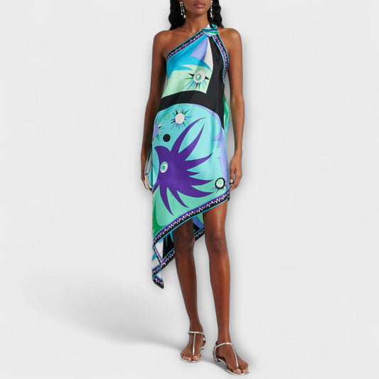 Esme - Unique Printed Satin Midi Dress with Asymmetrical Hem