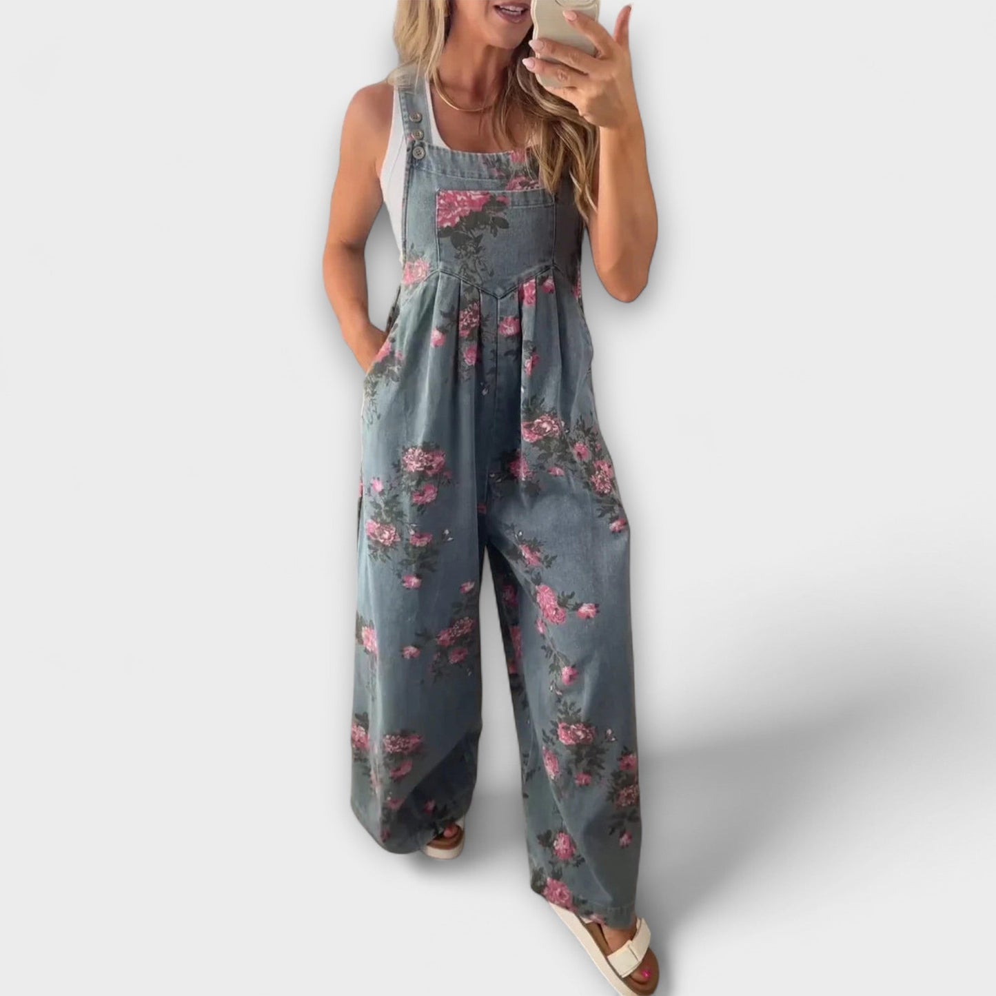 Bethany - Floral Print Wide Denim Overalls