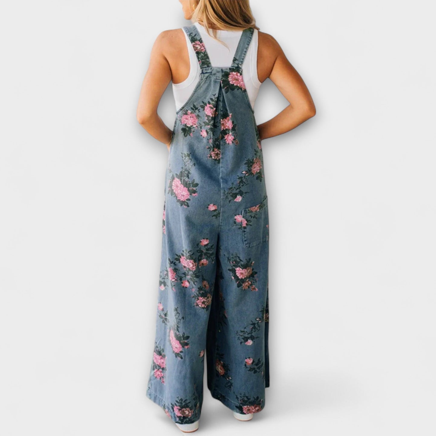 Bethany - Floral Print Wide Denim Overalls