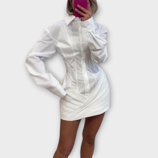 Indie - Long Sleeve White Pleated Shirt Dress