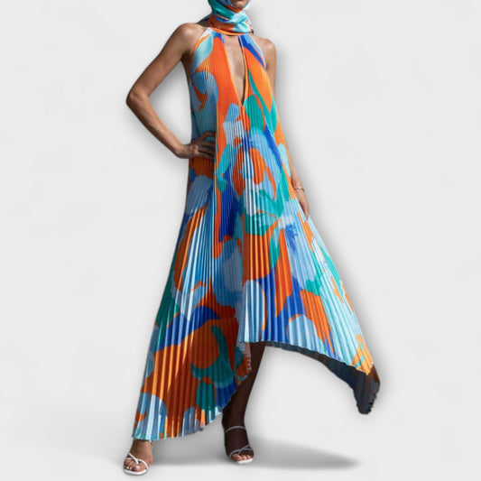 Vida - Stylish Pleated Halterneck Backless Midi Dress with Strap Detail