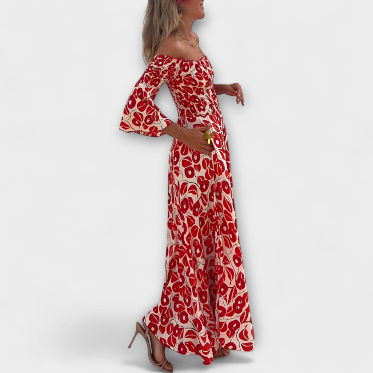 Bella - Off-Shoulder Dress with Ocean Floral Print