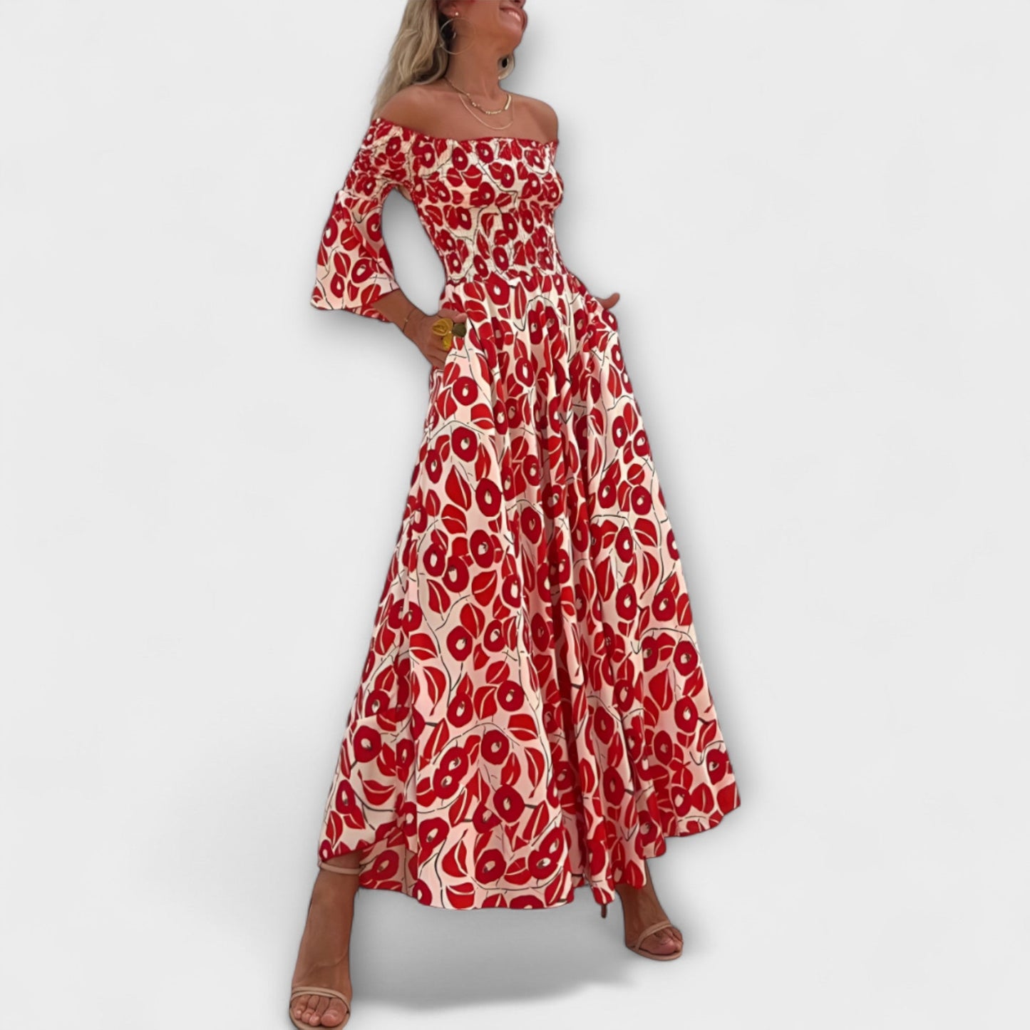 Bella - Off-Shoulder Dress with Ocean Floral Print