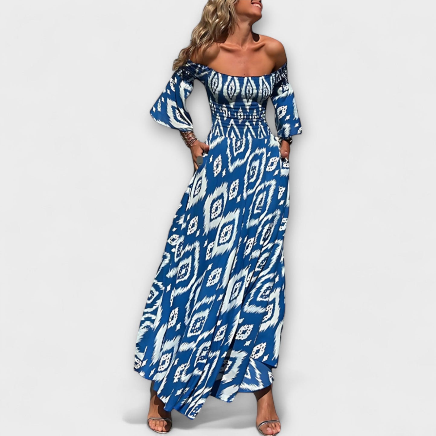 Bella - Off-Shoulder Dress with Ocean Floral Print