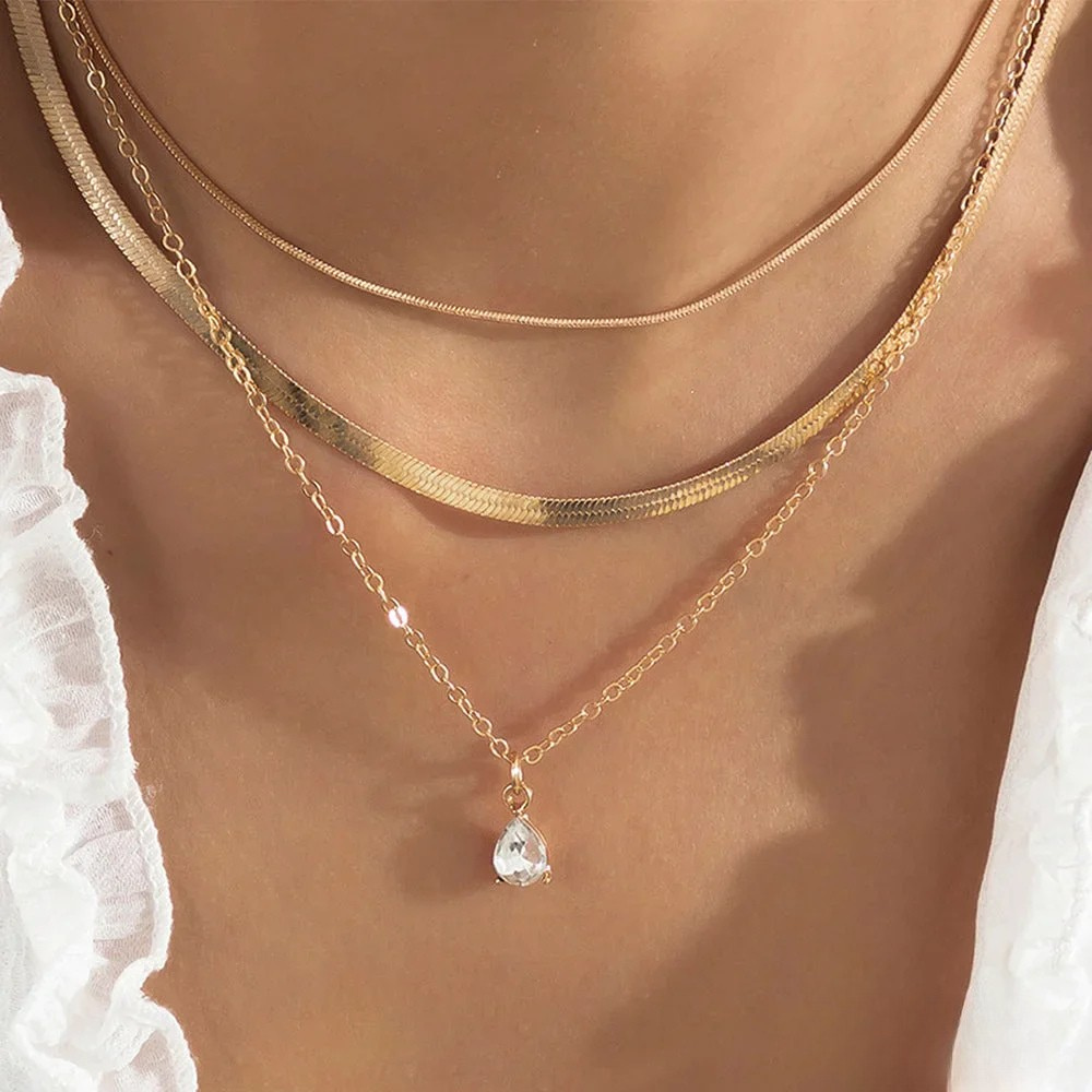 Layered Necklace with Gold Zirconia Charm