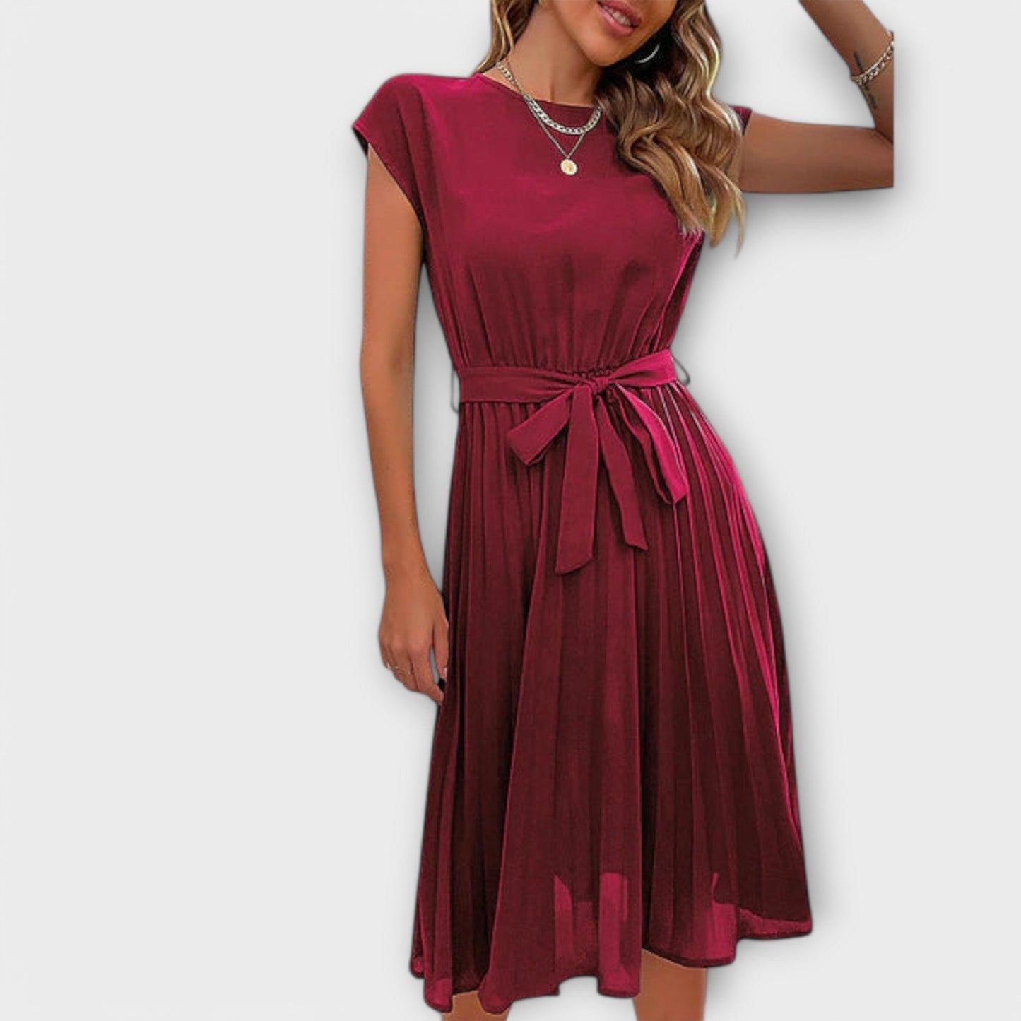 Claire - Casual Midi Dress with Short Sleeves and Pleats