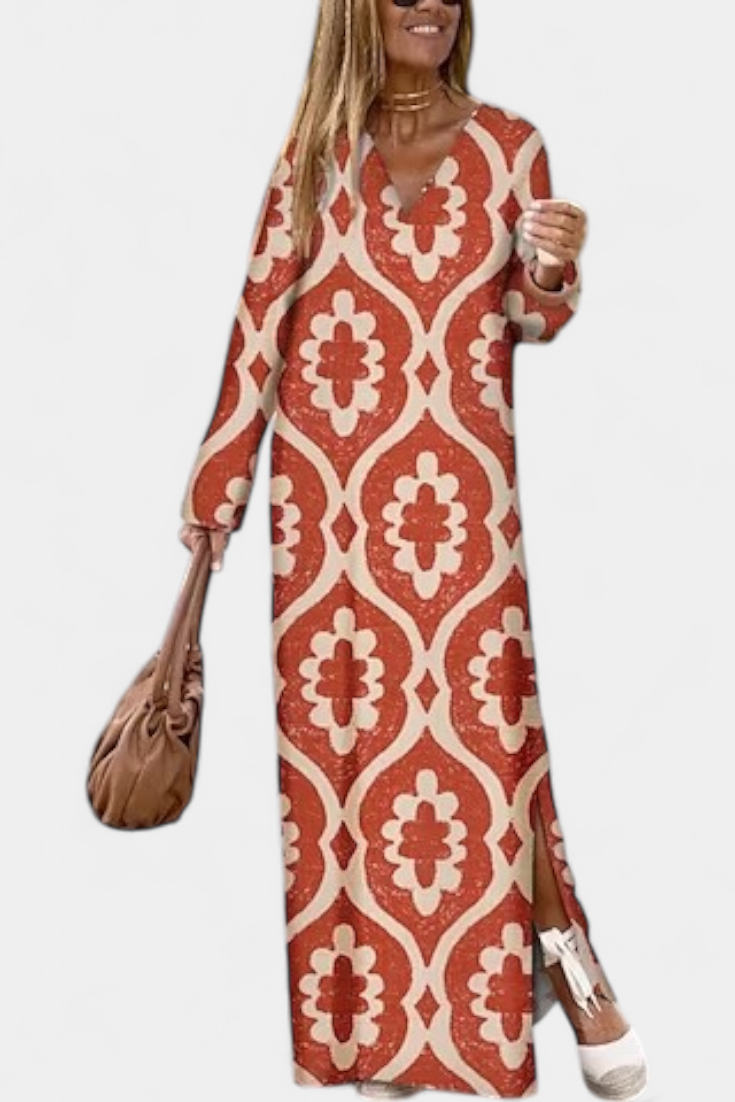 Brisa Long Geometric Dress with Side Slit and V-Neck