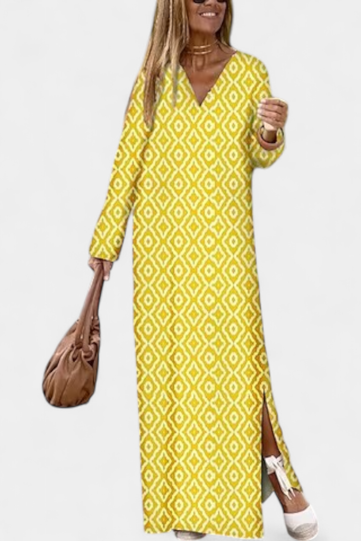 Brisa Long Geometric Dress with Side Slit and V-Neck