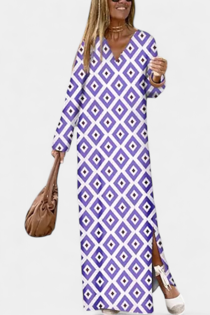 Brisa Long Geometric Dress with Side Slit and V-Neck