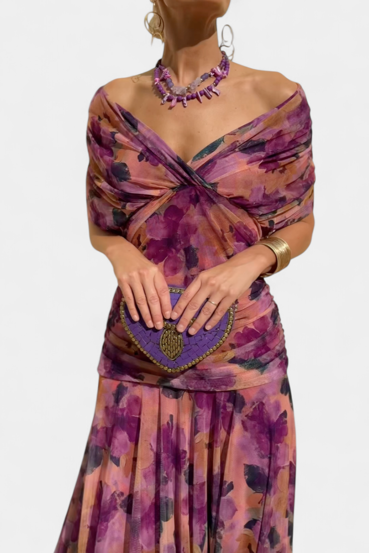 Alondra Long Dress with Fantasy Floral Print and V-Neck