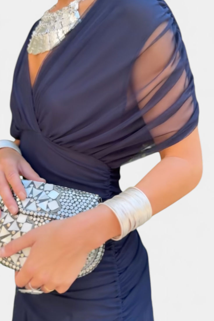 Alondra Long Dress with Fantasy Floral Print and V-Neck