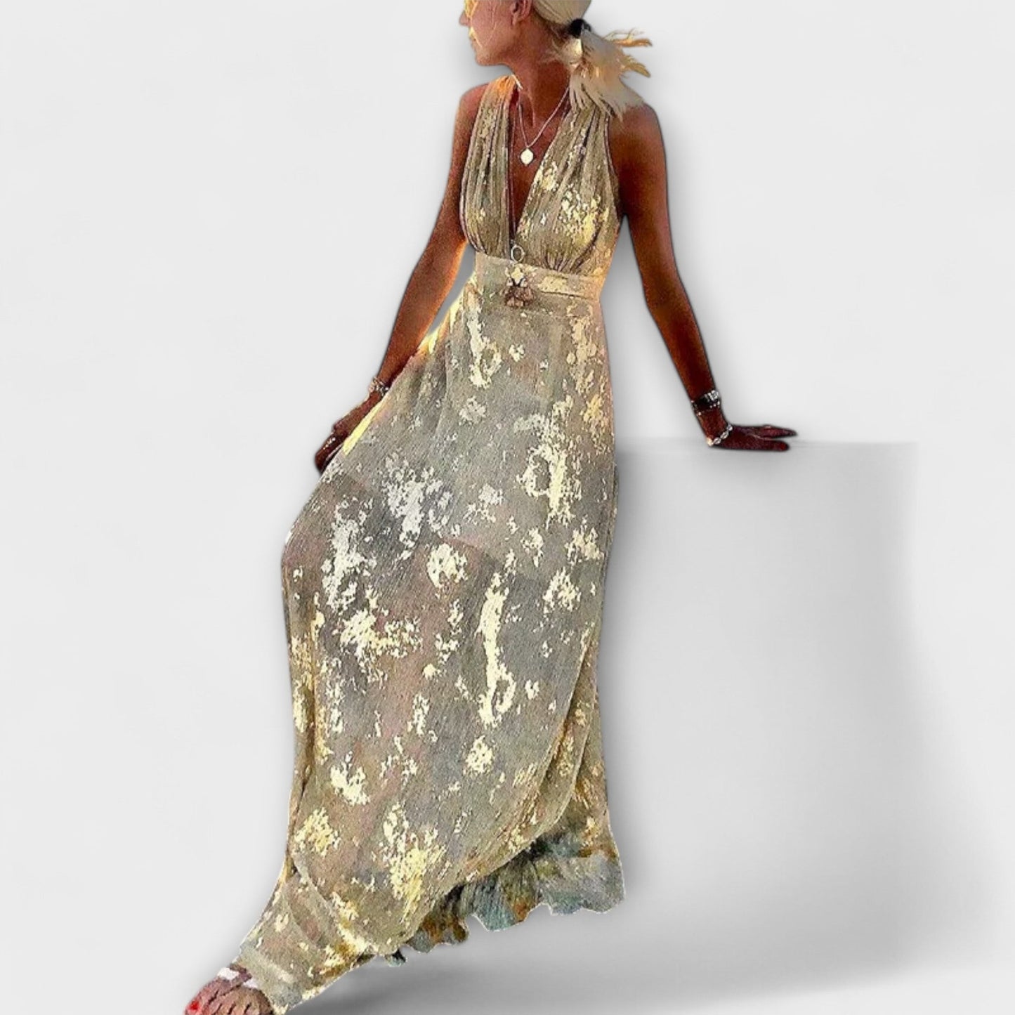 V-Neck Sequin Detail Flowing Dress