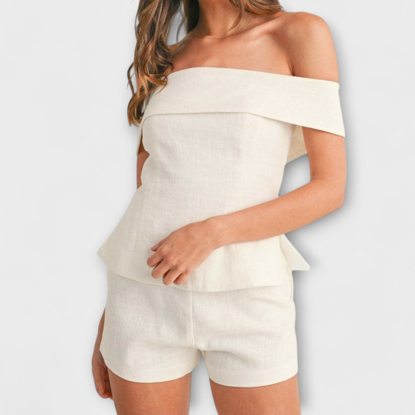 Olivia - White Cotton-Linen Two-Piece Outfit
