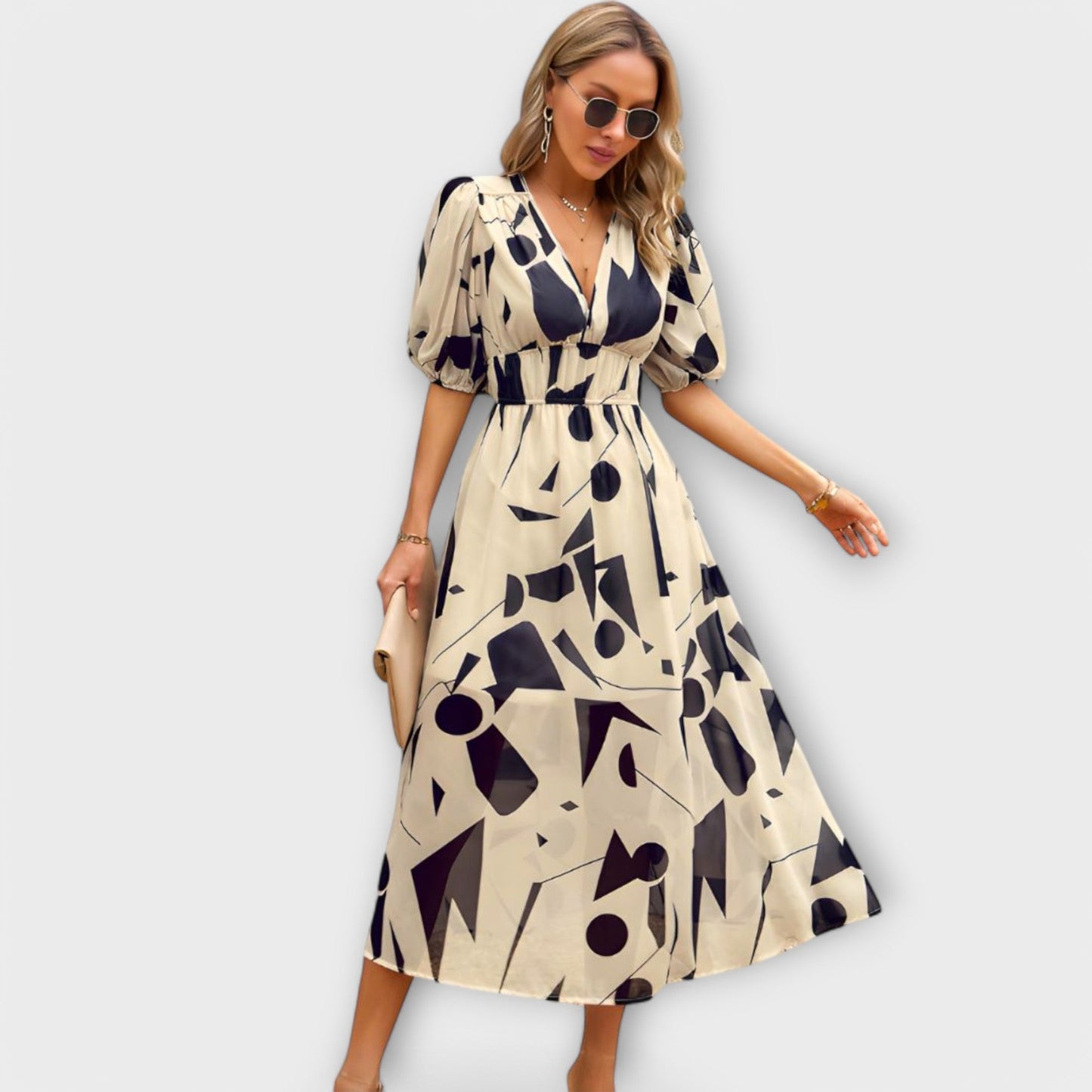 Abstract Maxi Dress with Balloon Sleeves