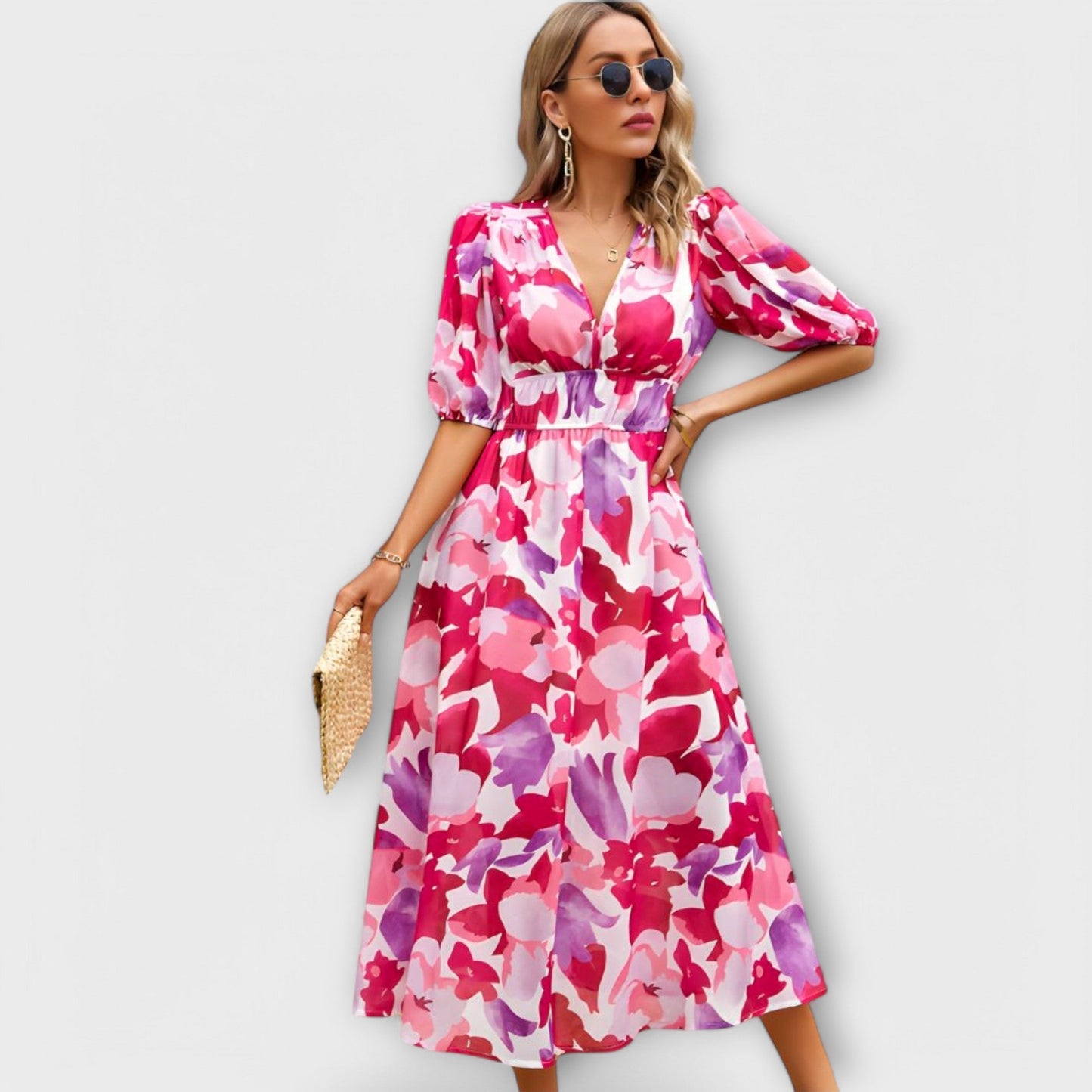 Abstract Maxi Dress with Balloon Sleeves